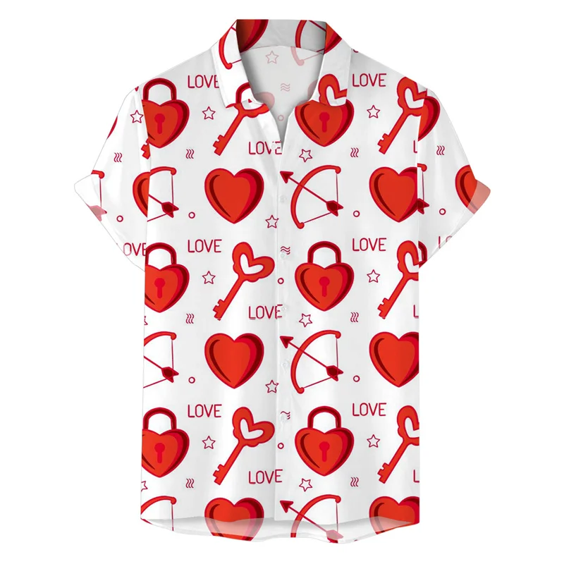 

Valentine's Day Love Heart 3d Print Shirt Men Women Summer Street Short Sleeve Hawaiian Shirts Tops Lapel Button Loose Blouse