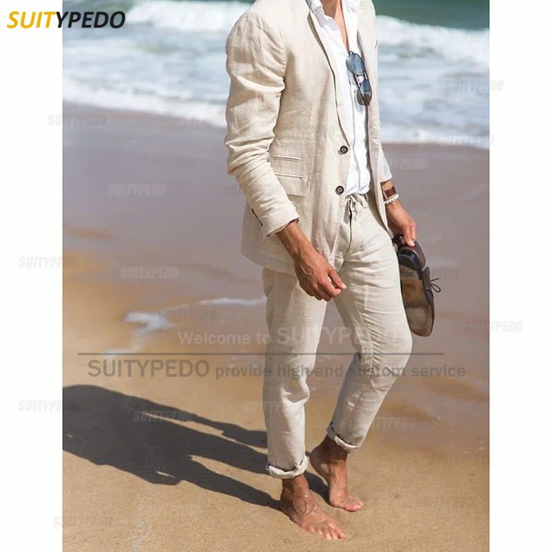 

2025 Beige Linen Suits for Men Slim Fit Formal Business Prom Wedding Blazer Pants 2 Piece Groomsmen Best Man Groom Clothings Set