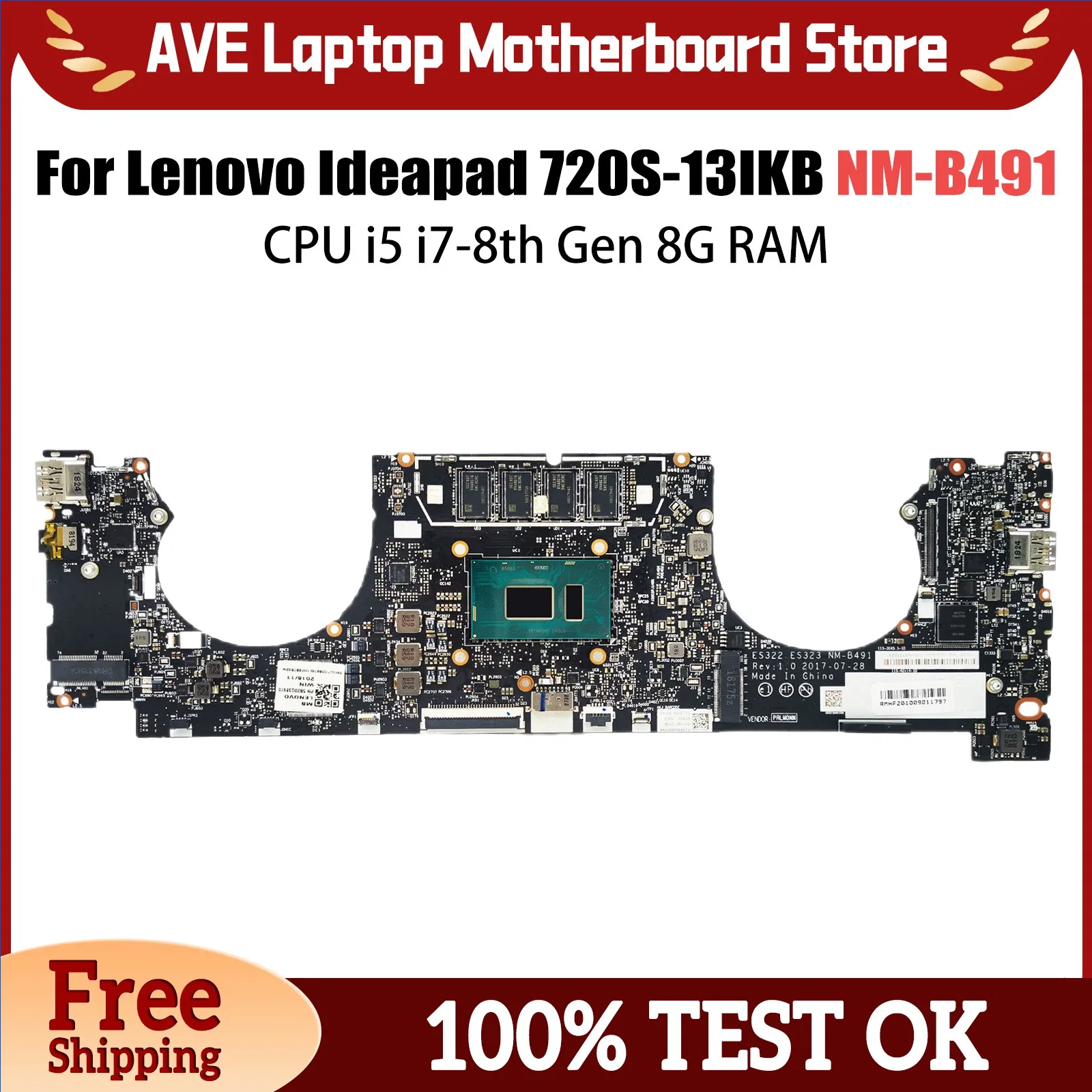 Lenovo Ideapadノートブックマザーボード,5b20q38983,720s-13ikb,es322,es323,NM-B491, i5-8250U, i7-8550U cpu,8g ram