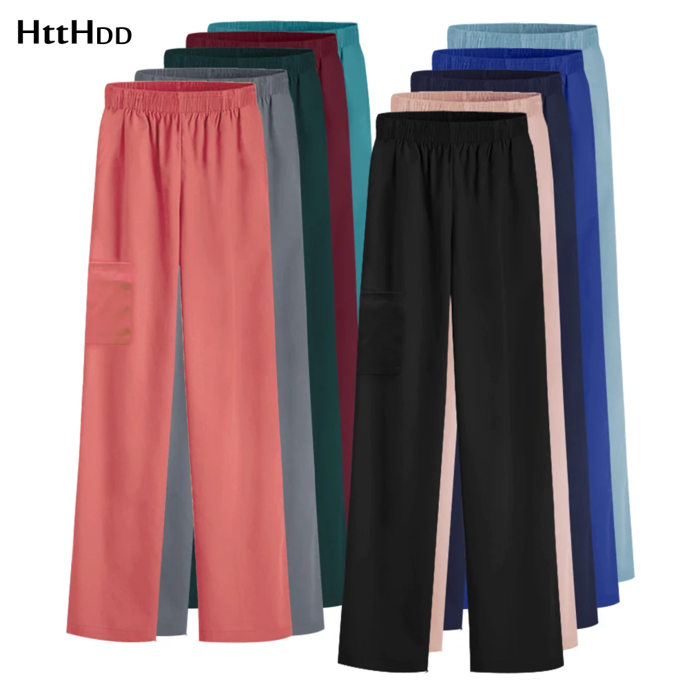 High Quality Solid Color Loose Medical Scrubs Work Pants Unisex Multicolor Elastic Waist Veterinary Dental Work Uniform Bottoms