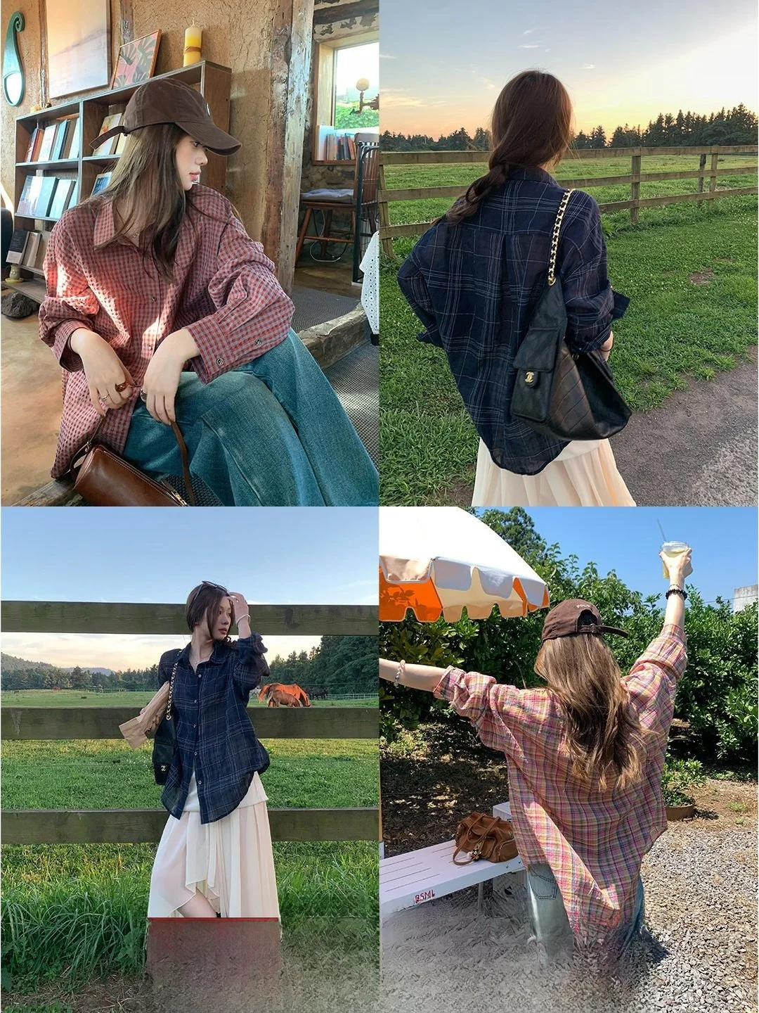 

Retro Plaid Loose Fit Long Sve Thin Sun Protection irt Women's Top Summer Breathable Cotton Collar Button down