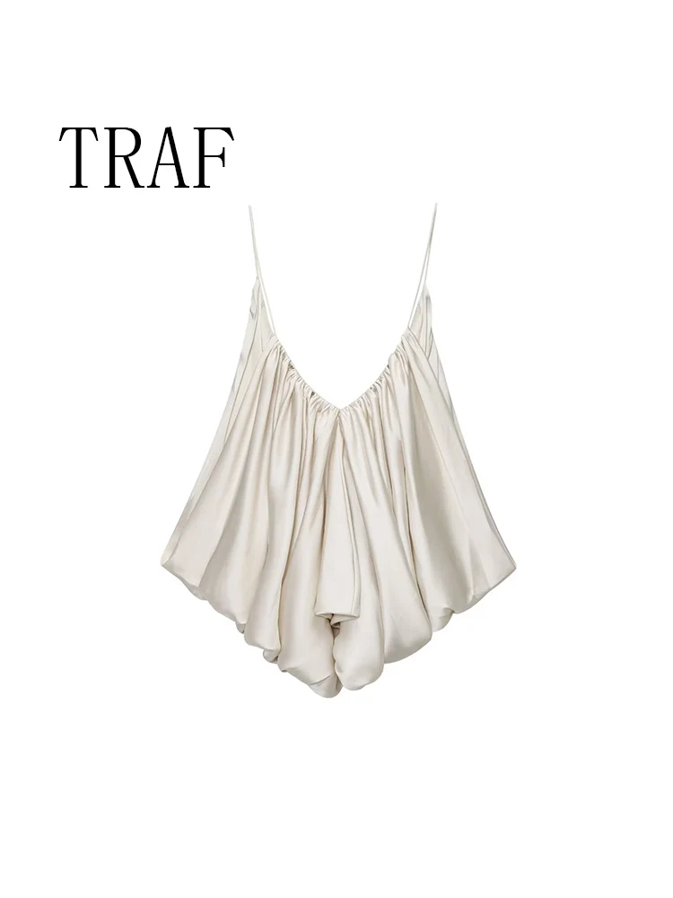 

TRAF European and American summer new women's clothing asymmetrical hem round neck satin texture pleated suspender short top