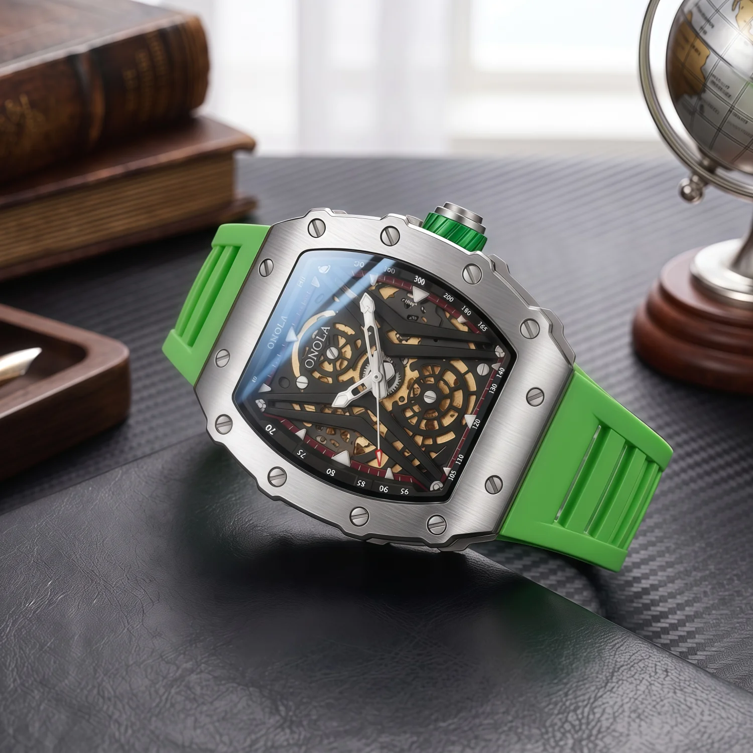 ONOLA men's mechanical watch skeleton dial fashionable sports watch, suitable for wearing on outings, a gift for friends
