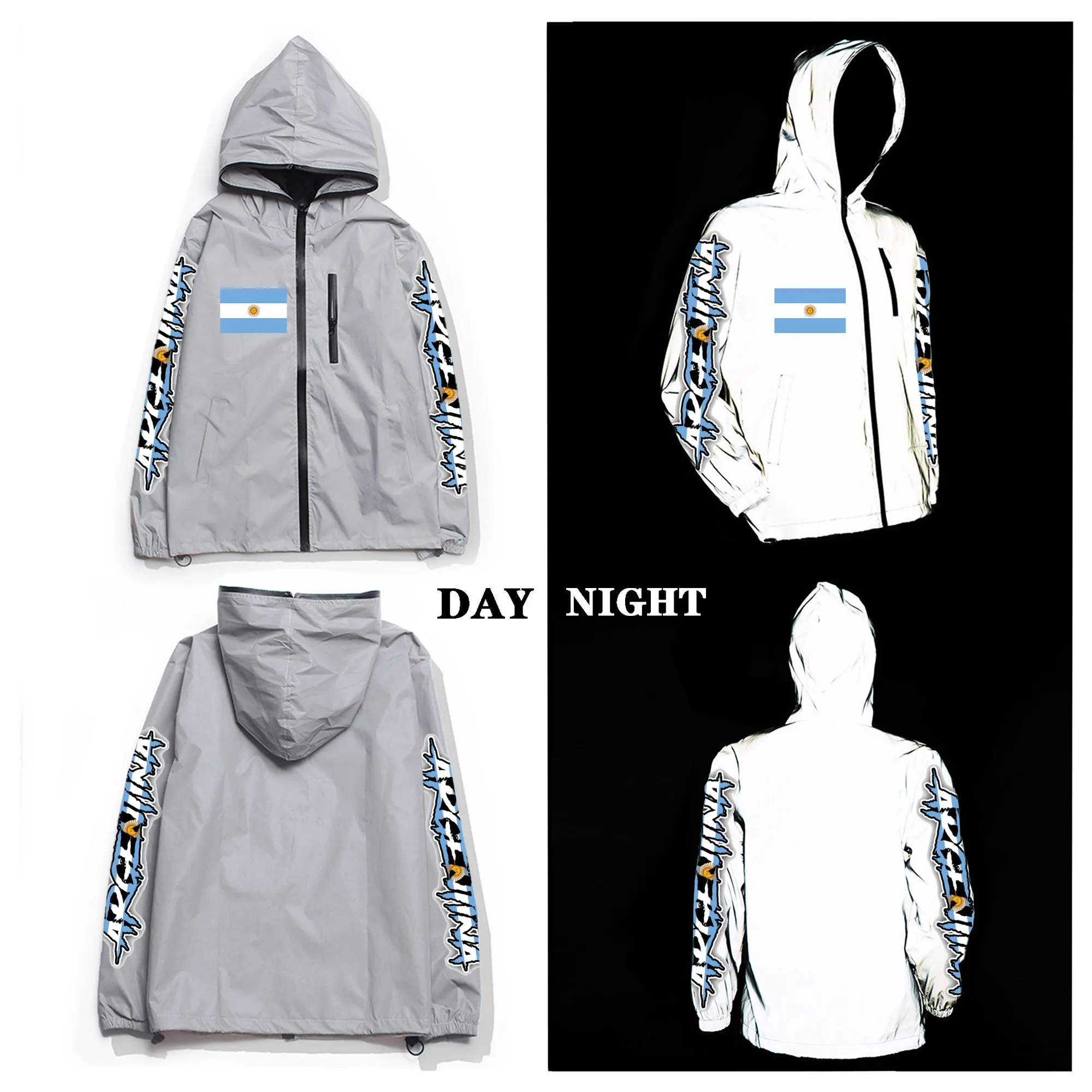 

Argentine Flag Reflective Jacket Mens Womens Argentina Coat Hooded Windbreaker Run Jackets Cycling Hiking Zipper Custom Hoodie