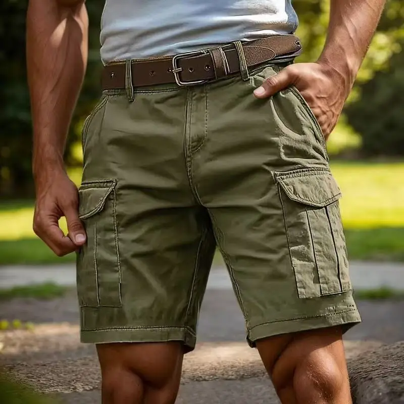Men Summer Breathable Cargo Shorts, Solid Color Multi Pockets Knee Length Shorts For Outdoor Hiking Travel Work Daily Casual