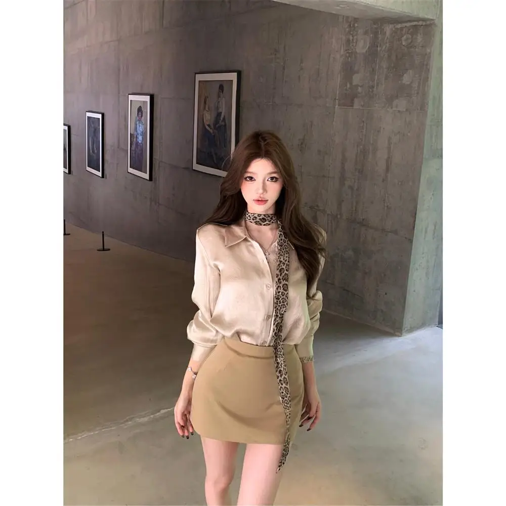 Elegant Satin  Collar Long Sleeve Women's Shirt Loose Slimming Mid-Length Commute Top Fashionable Autumn High-End