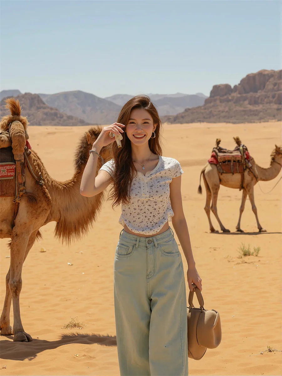 Floor Wide Leg Distressed Jeans Womens Drapey Lady Multiple Beaded Flower Print Cute Gift Artistic Lightweight Quality Side