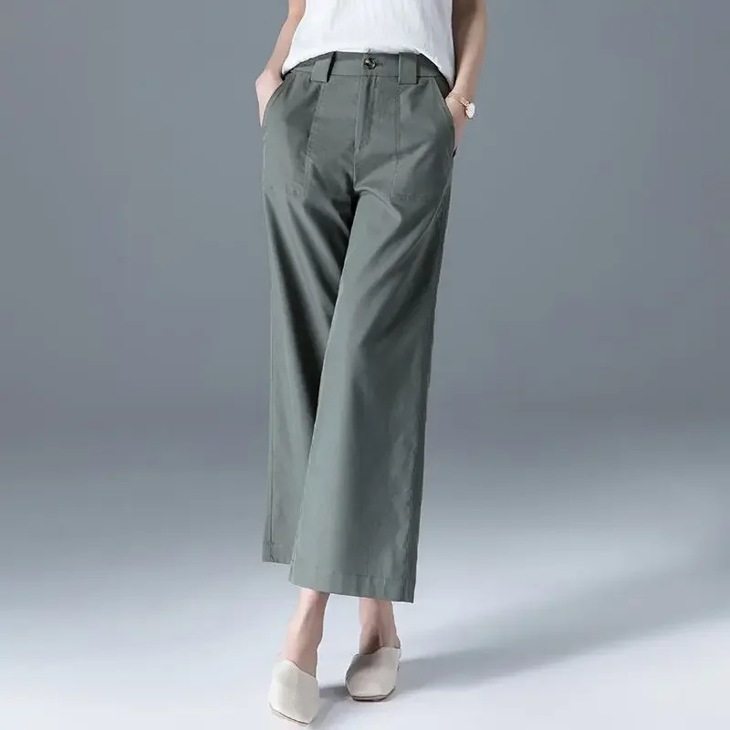 

Cotton Wide Leg Pants Women's Thin Nine Part Khaki Casual Pants 2023 New High Waist Loose Straight Pants