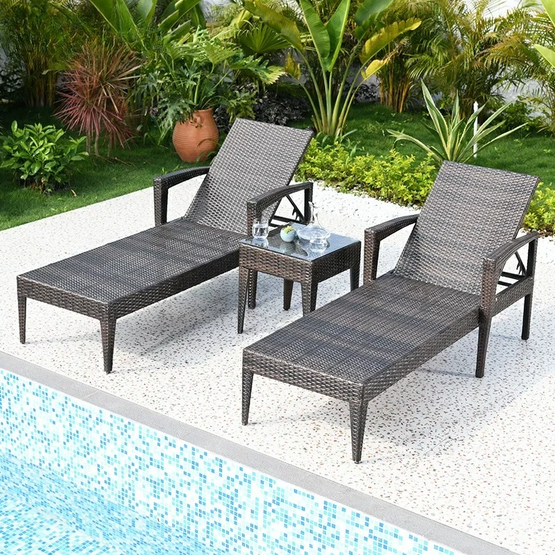 Outdoor rattan chair single hand-woven beach chair folding lounge chair can lie flat backrest adjustable outdoor swimming pool