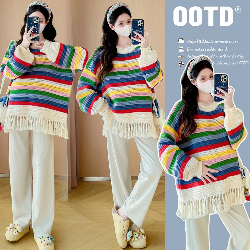 

Colorful Striped Maternity Sweater Autumn Winter New Bohemian Fringe Detail Loose Fit Comfortable Knit Top for Pregnant Women