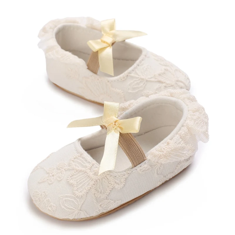 White Series Baby Girl Shoes Lace Bow Soft Sole Cotton Shoes Prewalker Walking Toddler Christening First Walkers