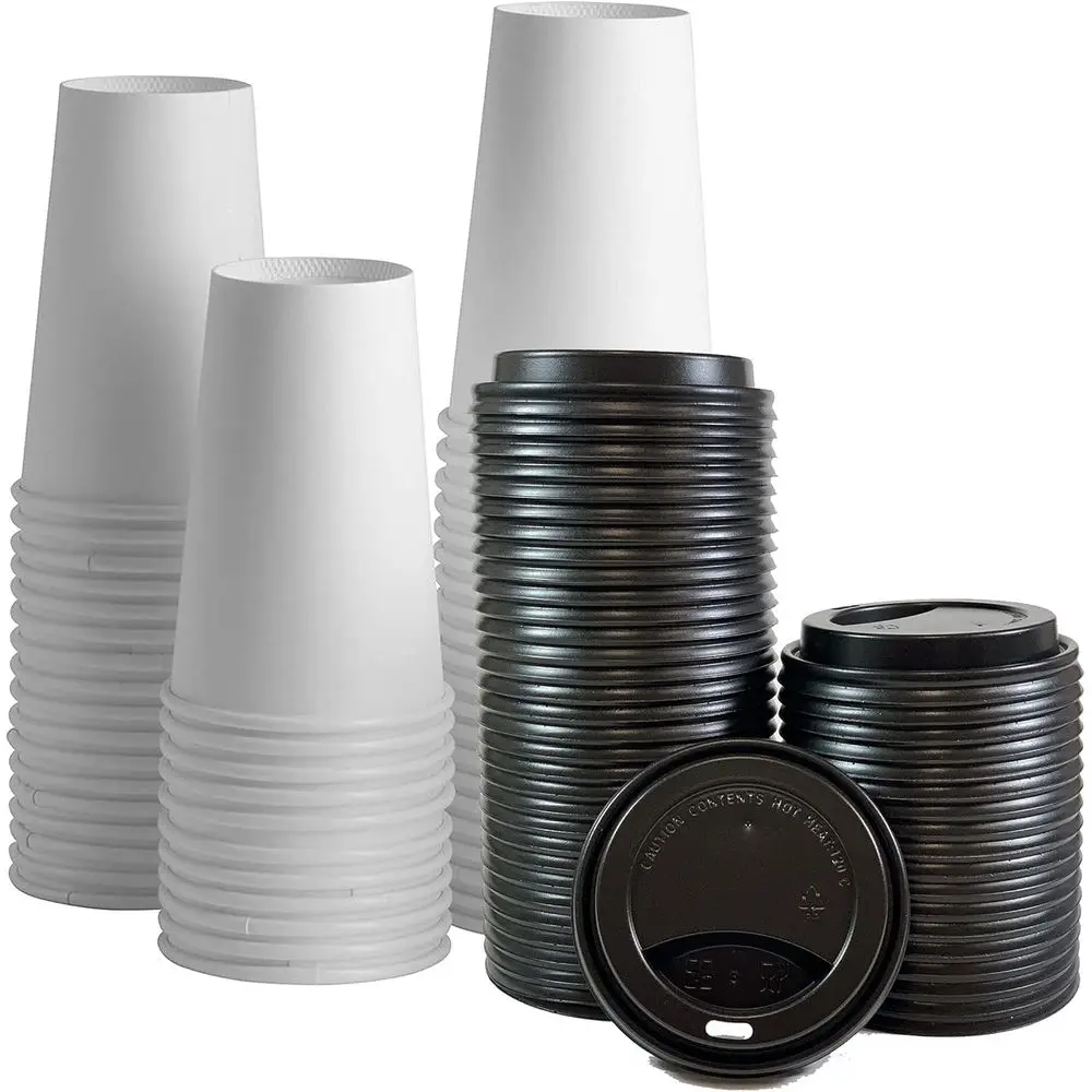 

16oz Disposable White Paper Coffee Cups with Black Lids - 400 Sets