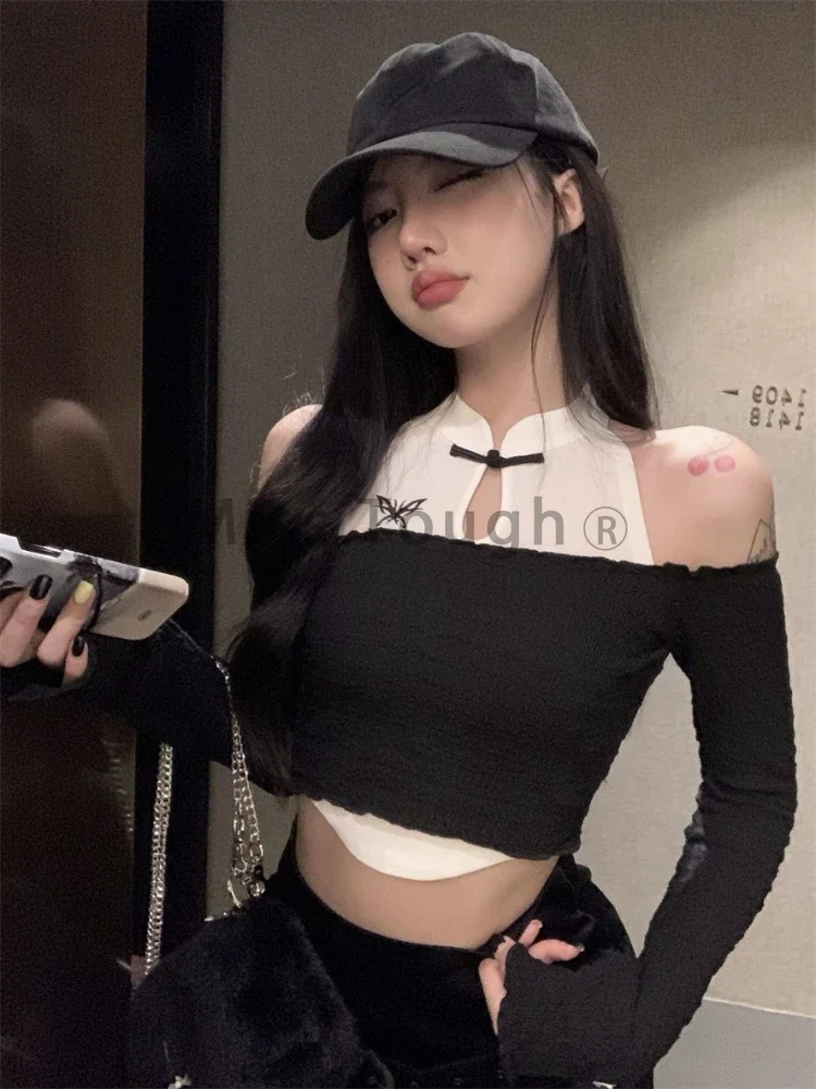 Off Shoulder Sexy Fake Two Piece T-Shirts Women Y2K Elegant New Chinese Style Tops Korean Slim Long Sleeve Casual Chic Tees 2024