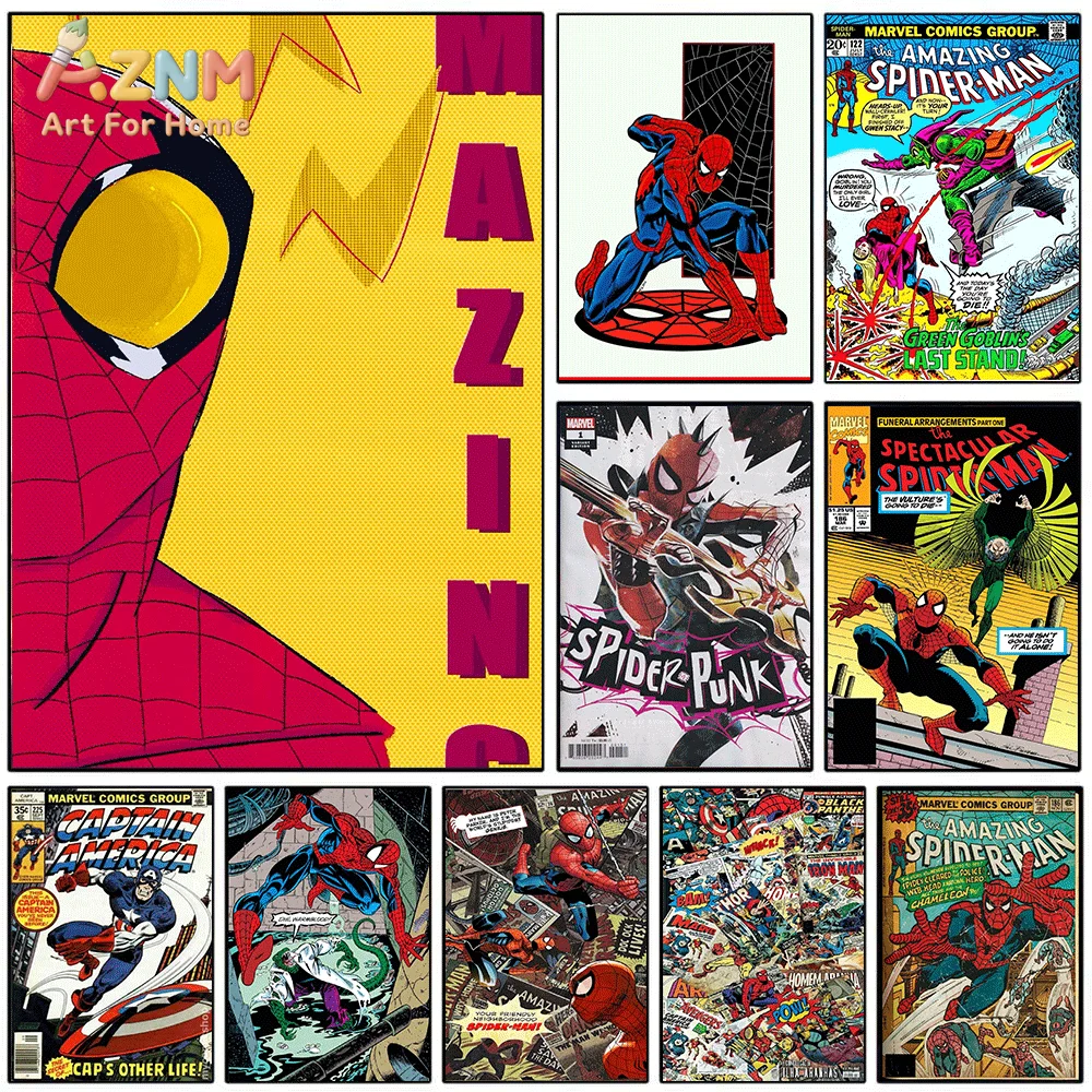 AZNM Spiderman Close‑up Pop Art Yellow Background Canvas Wall Print, Retro Superhero Mask Partial View Graphic Art Poster, Unf