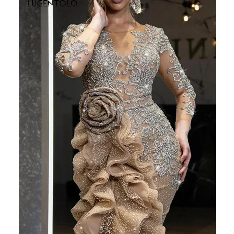 Women Party Dress Sequin Slim Bow Long Sleeve Banquet O-neck Lady Mesh Elegant Dinner Clothing Lugentolo