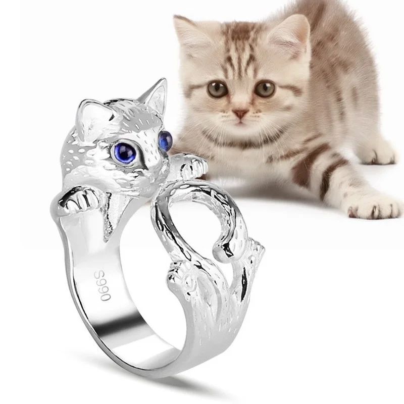 Cute Cat Ring Blue Eye Cat Silver Plated Gemstone Finger Ring Jewelry Gift Unique Fashion Rings Punk Opening Rings Adjustable