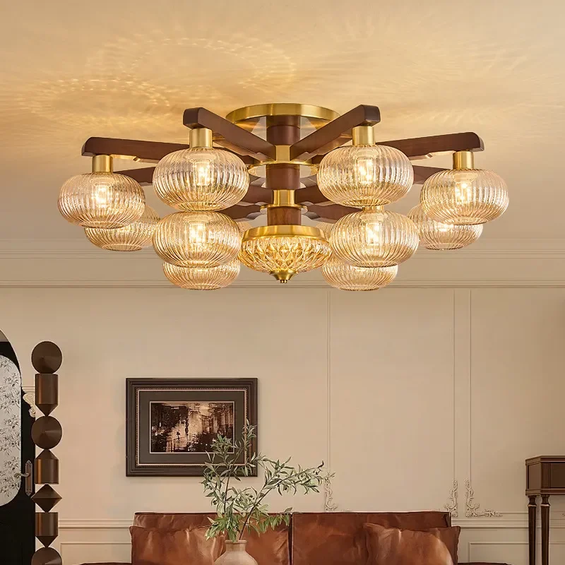Medieval Style Ceiling Lamp for Living Room American Light Luxury High End Walnut Color Fixture for Dining Room Bedroom