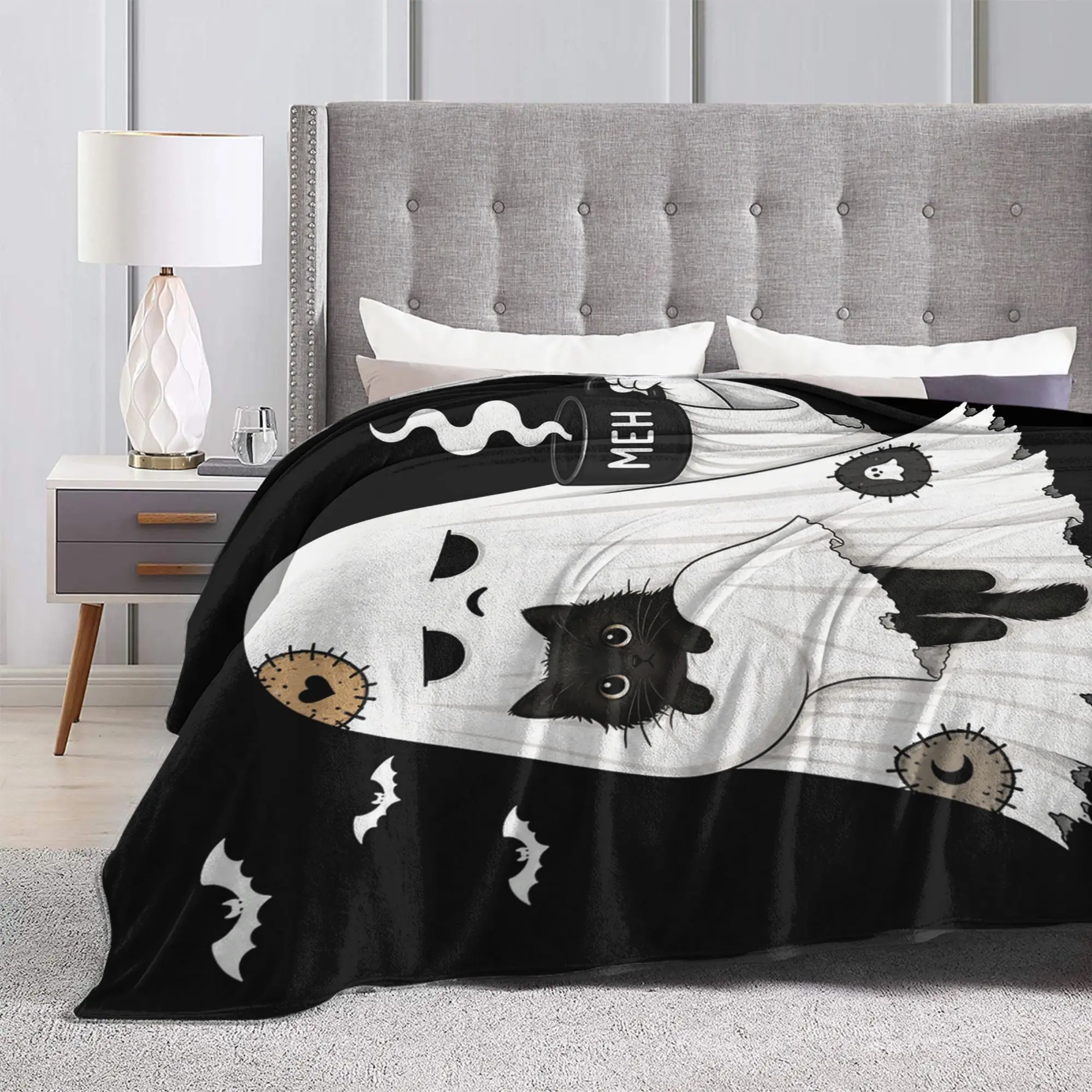 Spooky Ghost Holding Black Cat Coffee Lover Knitted Blankets Funny Halloween Flannel Throw Blanket Airplane Decoration Bedspread