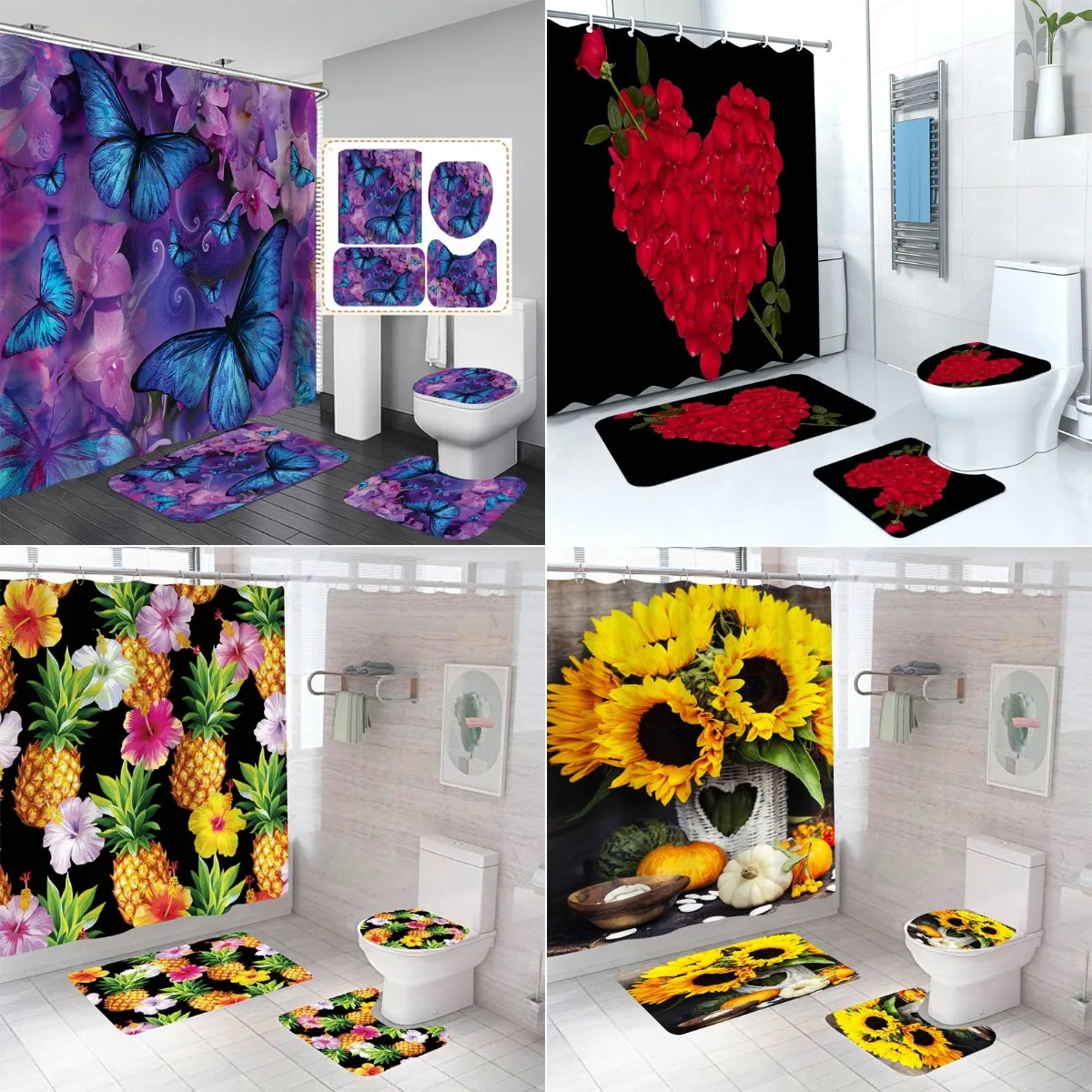 

Modern Style Flower Durable Waterproof Shower Curtain Set Toilet Seat Cover Bath NonSlip Mat Rug Carpet Bathroom Decor Washable