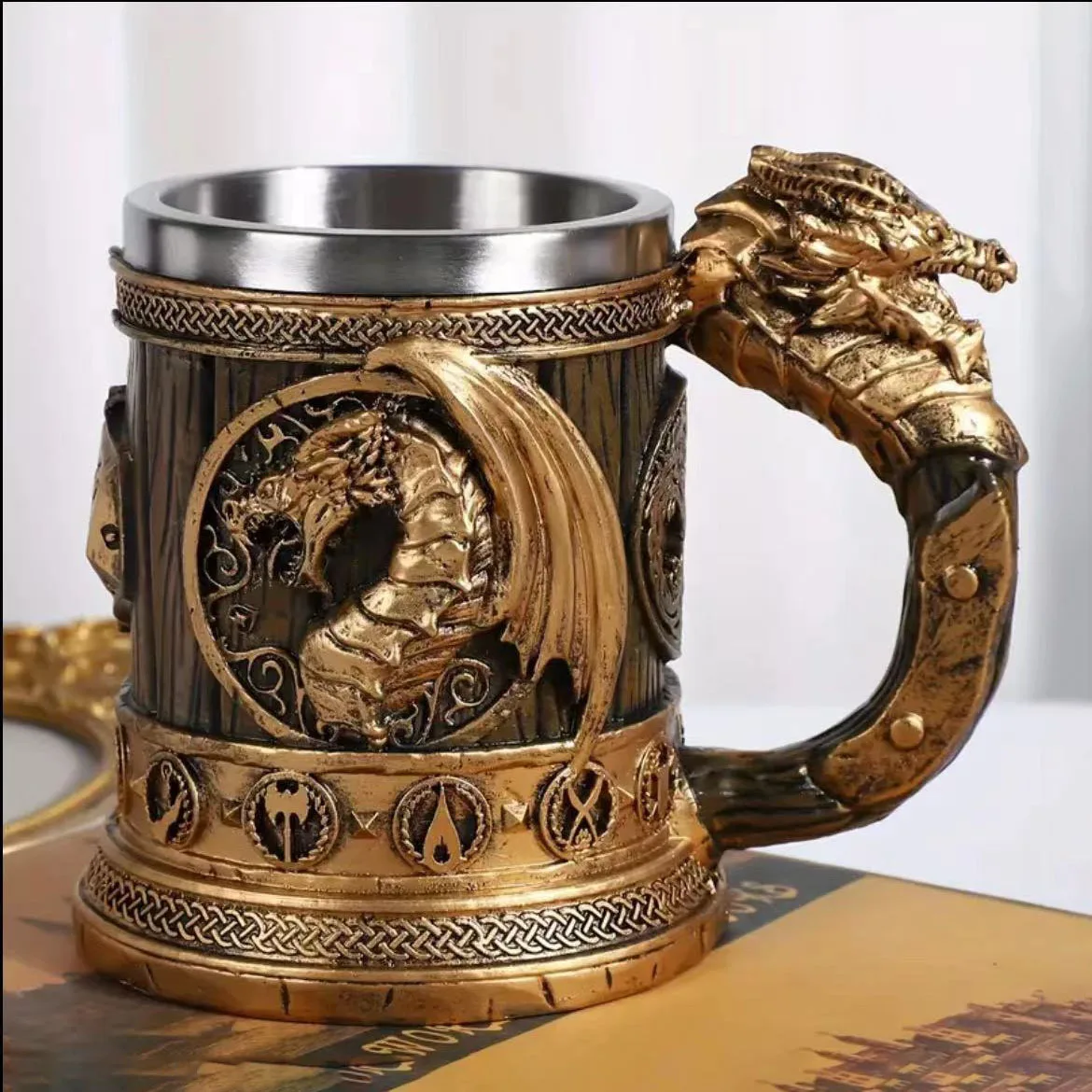 3D Resin Stainless Steel Beer Glass Mug Medieval Dragon Beer Steins Tankard Coffee Cup Tea Tumbler Drinkware Pub Bar Decoration