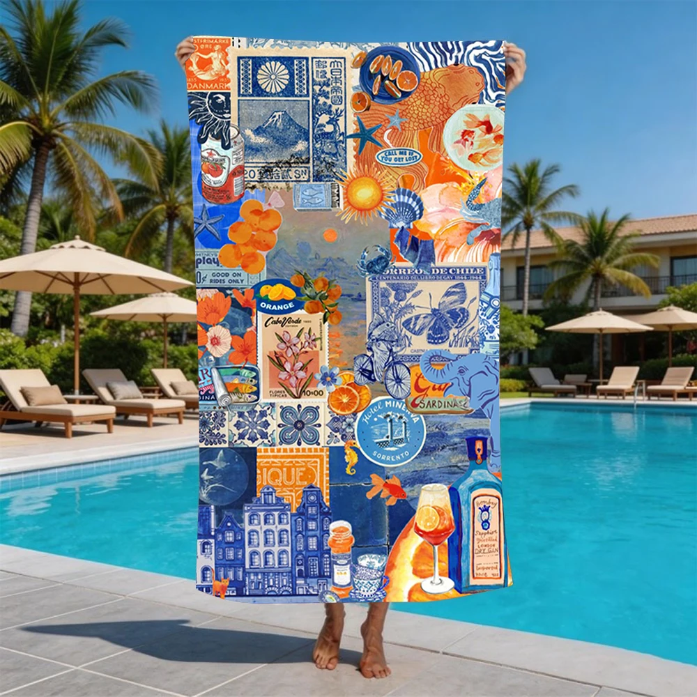 Boho Ocean Retro Collage Beach Towel Microfiber Anti Sand Pool Towel Summer Beach Swimming Outdoor Picnic Camping Travel