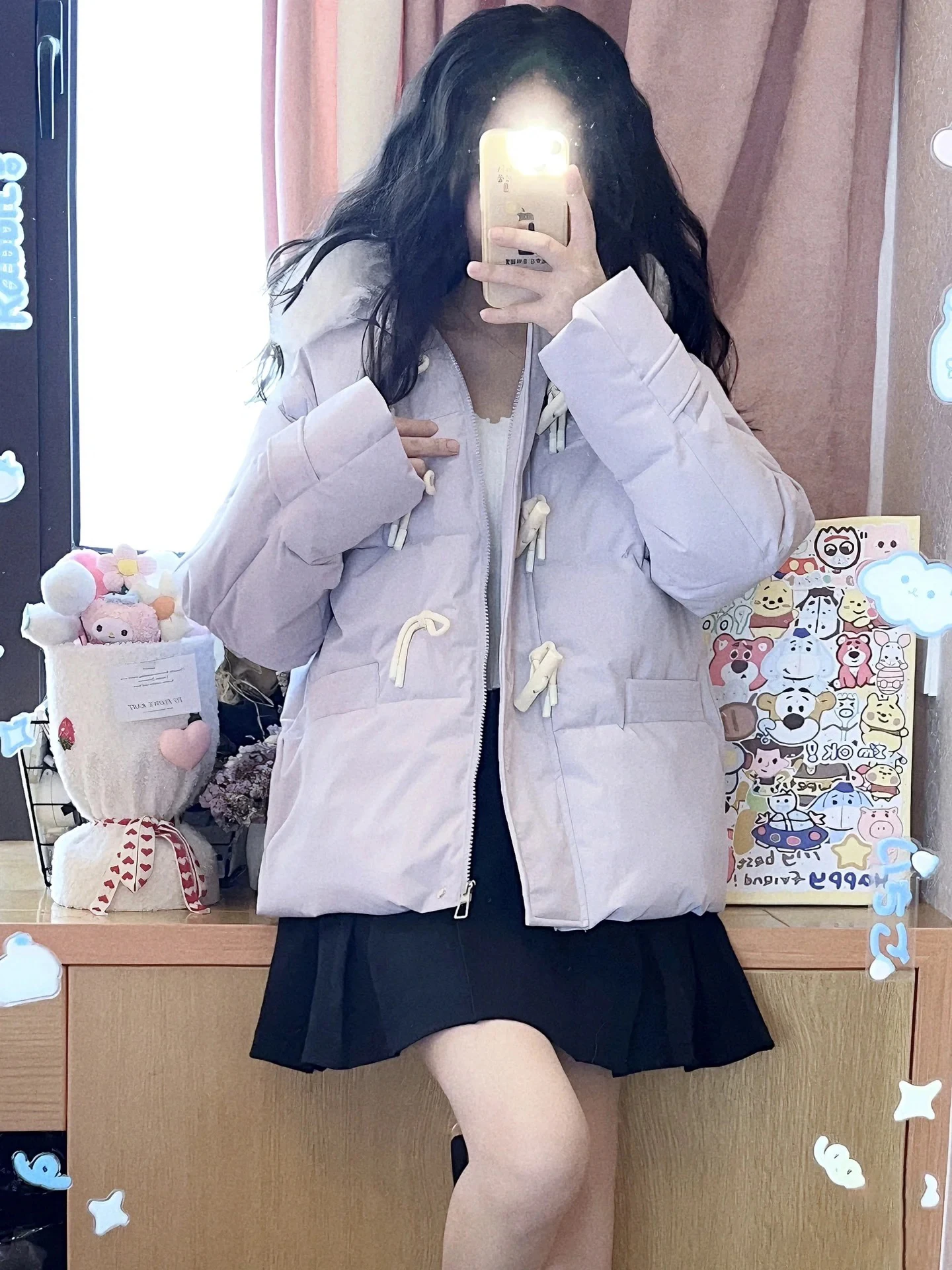 블루 루즈핏 퍼퍼 재킷, 큰 퍼 칼라, 티엔드 브레드 슬레 여성 겨울 코트, 한국 스타일 버튼 디테일