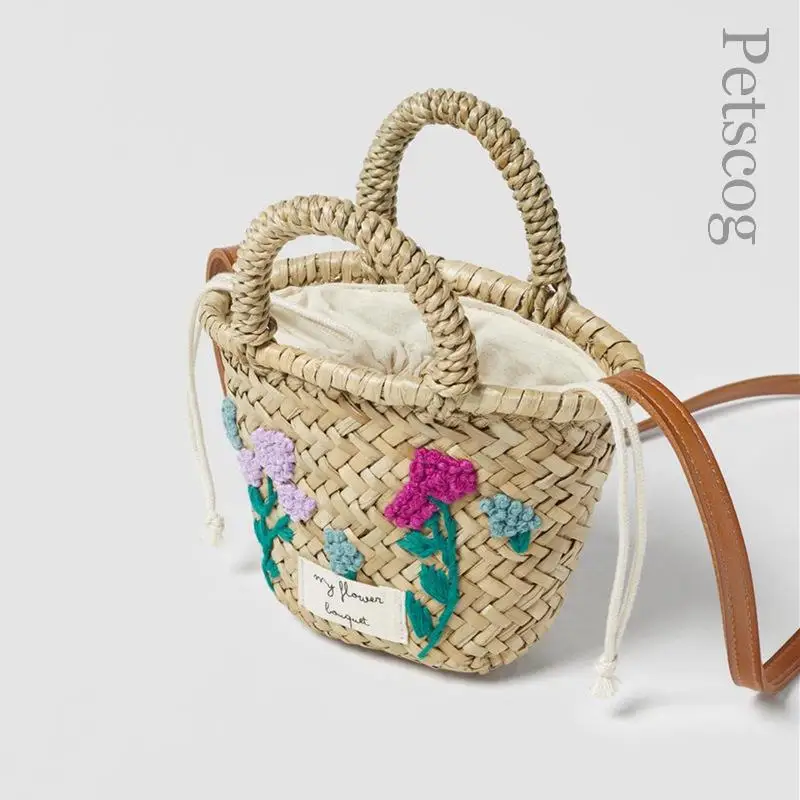 Floral Embroidered Straw Bag For Girls Cute Mini Top-handle Handbags Summer Fashion Beach Shoulder Bag Bohemian Messenger Purse