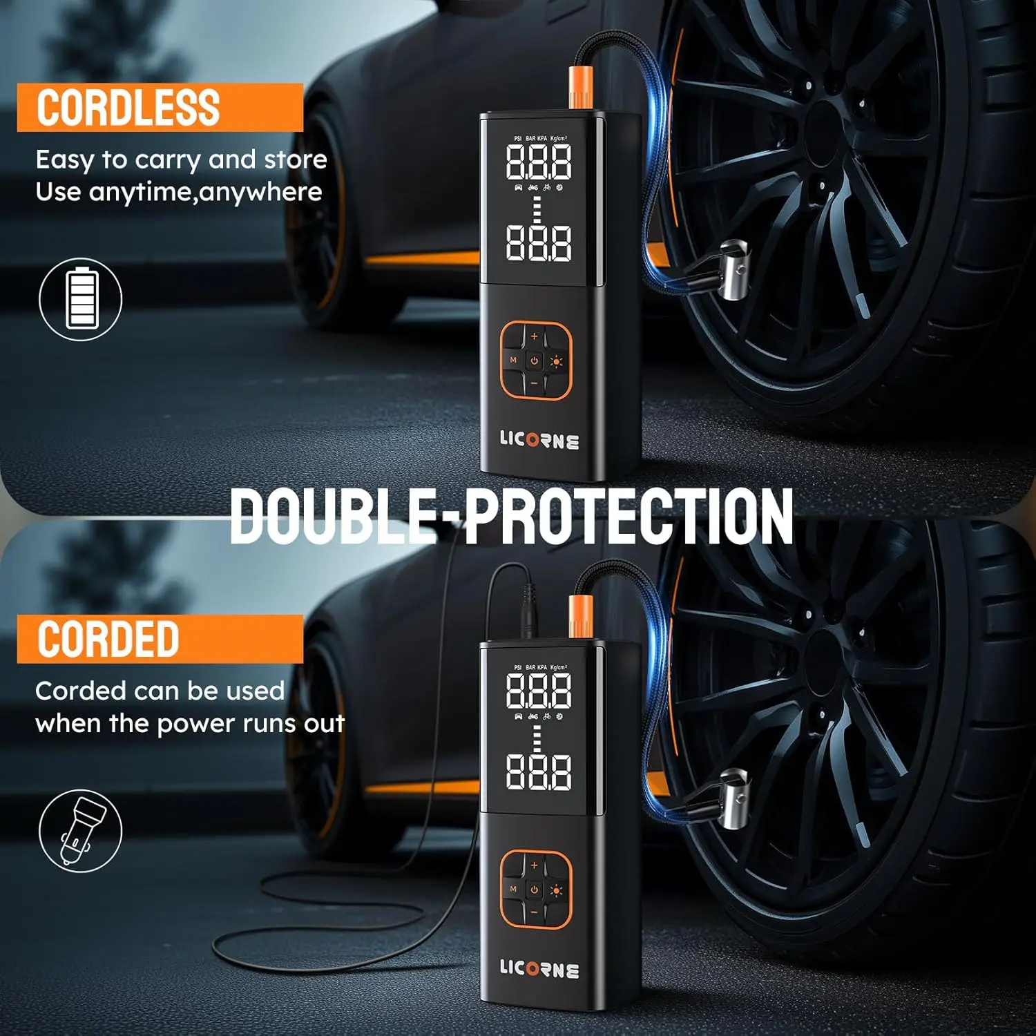 車のタイヤ用ポータブルエアコンプレッサー、デジタルゲージ付き5倍速コードレスポンプ、車、自転車、バイク用180PSI