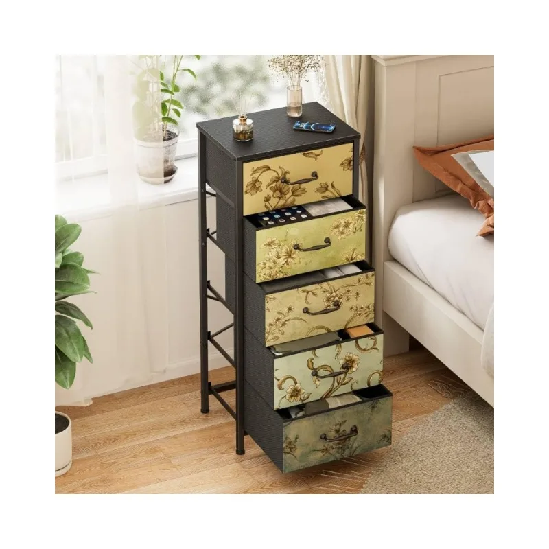 Vertical Dresser for Bedroom, Tall Skinny Storage Tower with 5 Fabric Drawers, Chest of Drawers for Living Room, Dorm,