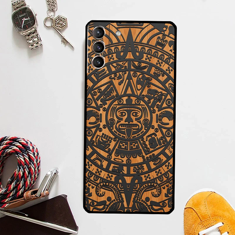 Mayan Calendar Wood Pattern Phone Case For Samsung Galaxy S24 Ultra S22 Plus S20 S21 S23 FE Note 20 10 S8 S9 S10 Cover