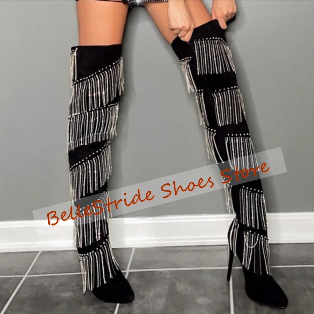 

Black Pointed Toe Crystal Tassels Decor Boots Women Shoes Stilettos High Heels Party Banquet Dating 2025 Zapatos Para Mujere