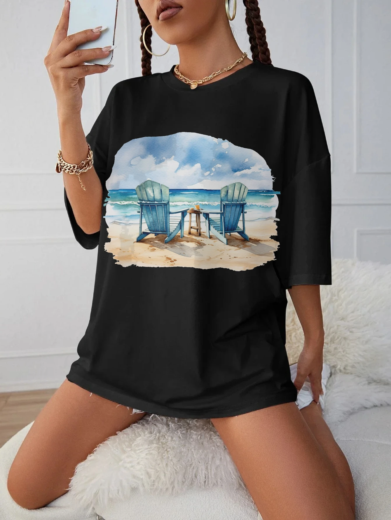 

Couple On Beach Chairs Comfortable Black Round Neck Maternity T-Shirt Women's Loose Fit for women