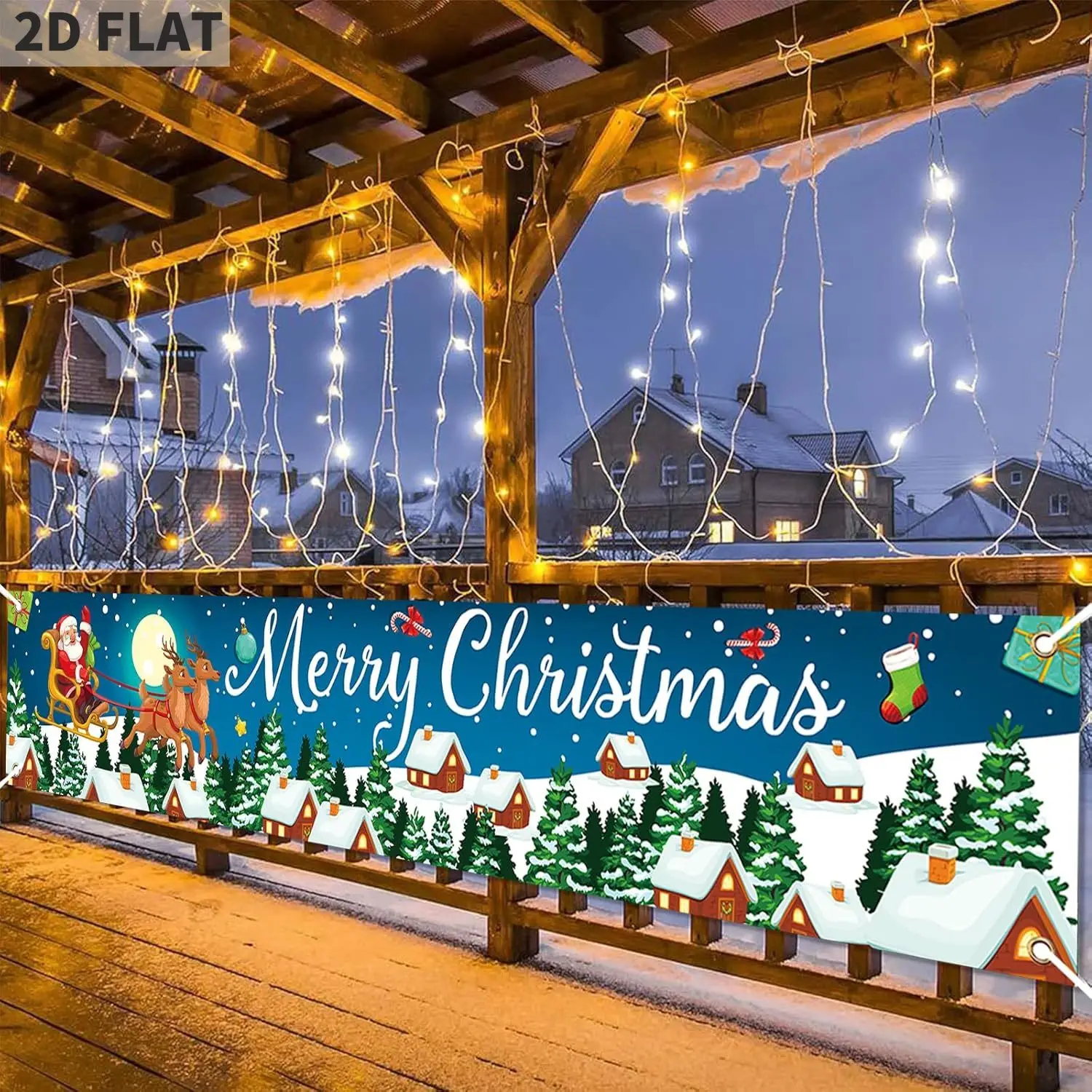 

Large Fabric Blue Merry Christmas Decorations with Santa Claus Reindeer Gifts Banner, for Fence New Year Party Decor Supplies