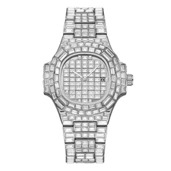 Top Bing Männer Frauen Baguette Diamant Iced Out Uhr Edelstahl Quarzwerk Wasserdicht Leucht Hand reloj hombre