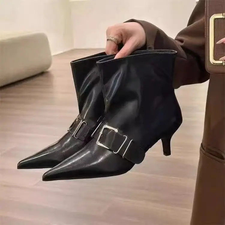 Pointed Toe Metal Buckle Strap Short Boots For Female Women Thin High Heel 2024 New Leather Fabric Elegant Sexy Winter Shoes