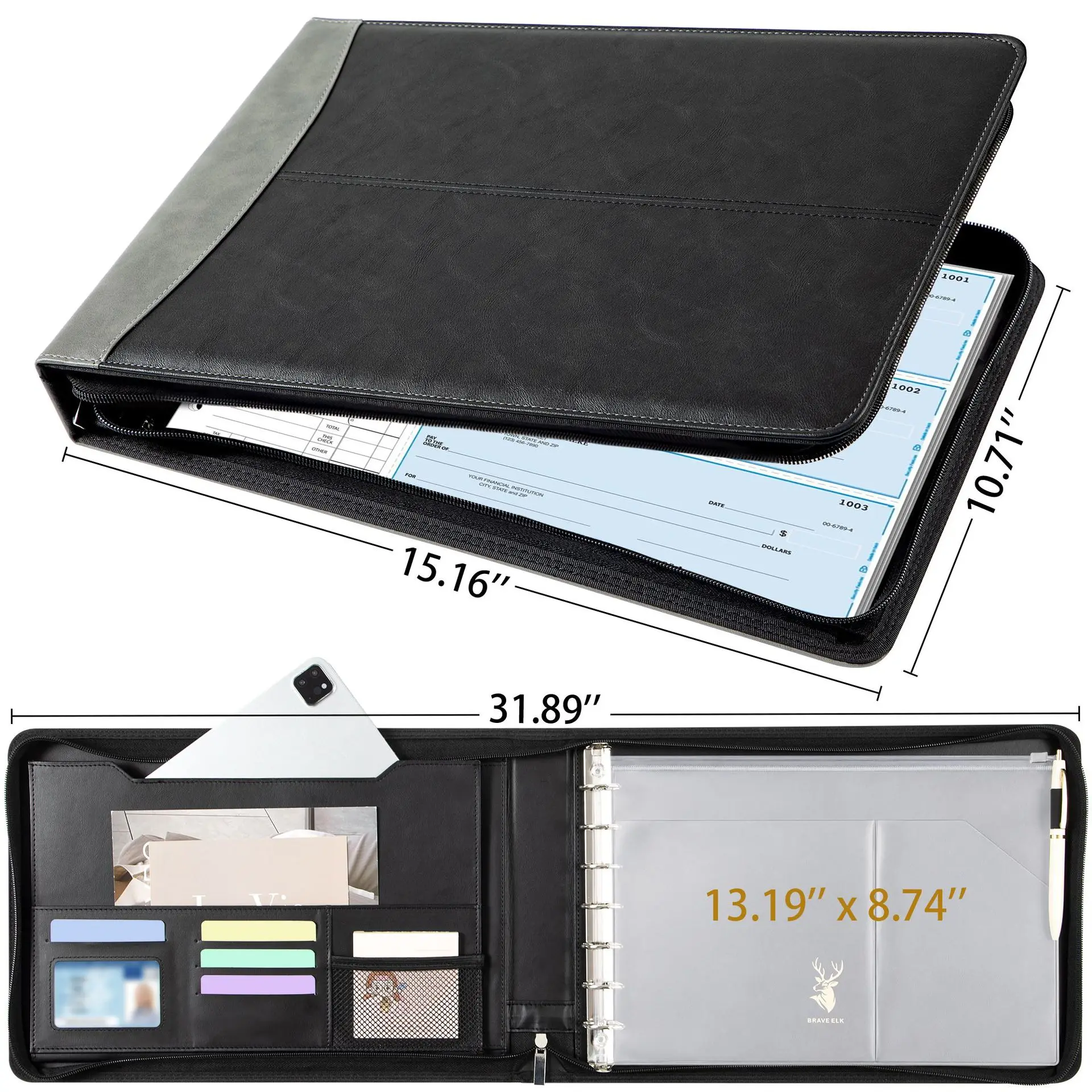 PU Leather Checkbook Binder with Zipper Pouch, 7 Ring A4 Document Organizer for Checks, Bills, Cards and Office Records Storage