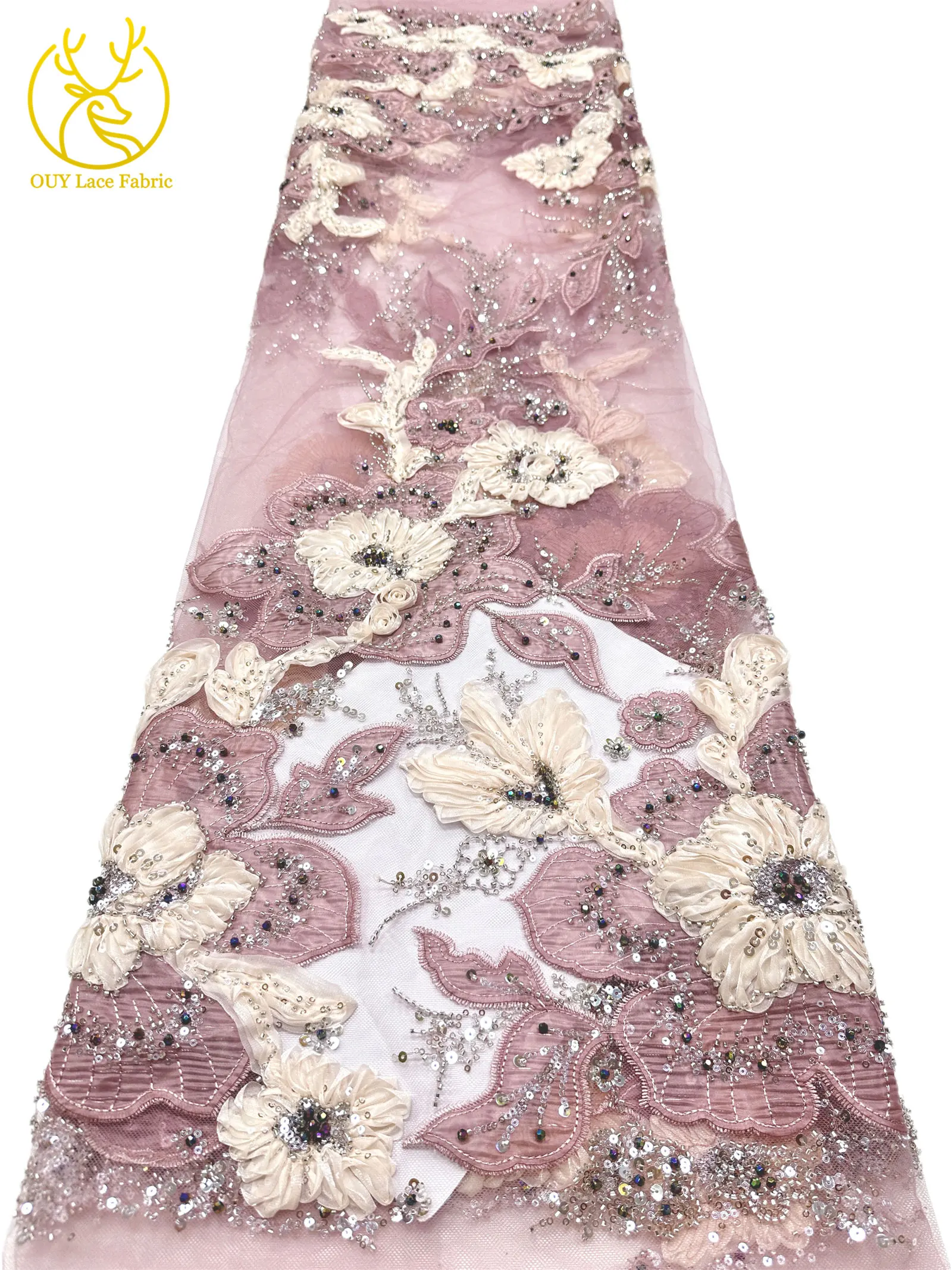 3D Handgefertigter Stickerei-Tüll-Spitzenstoff 2026 Afrikanischer Pailletten-Perlen-Spitzenstoff Nigerianischer Brautkleid-Spitzenstoff DIY Nähstoff – Detail 14