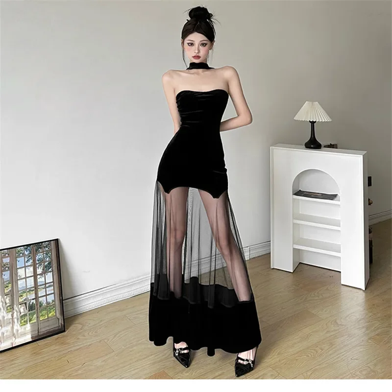 New Summer Fashion Black Sheer Mesh Tail Party Dress Hotsweet Sexy Strapless Holiday Dress Slash Neck Velvet Bodycon Photo Skirt