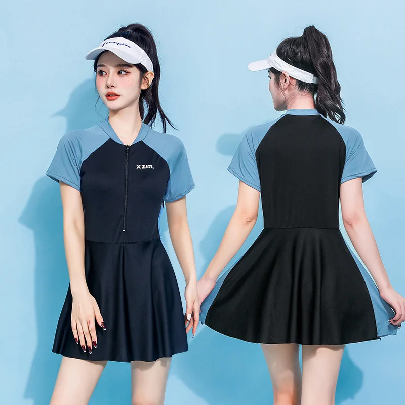 Women Long Sleeve One Piece Swim Dress Front Zipper Color Block Modest Skirt Swimsuit Rash Guard Conservative Beach Bathing Suit