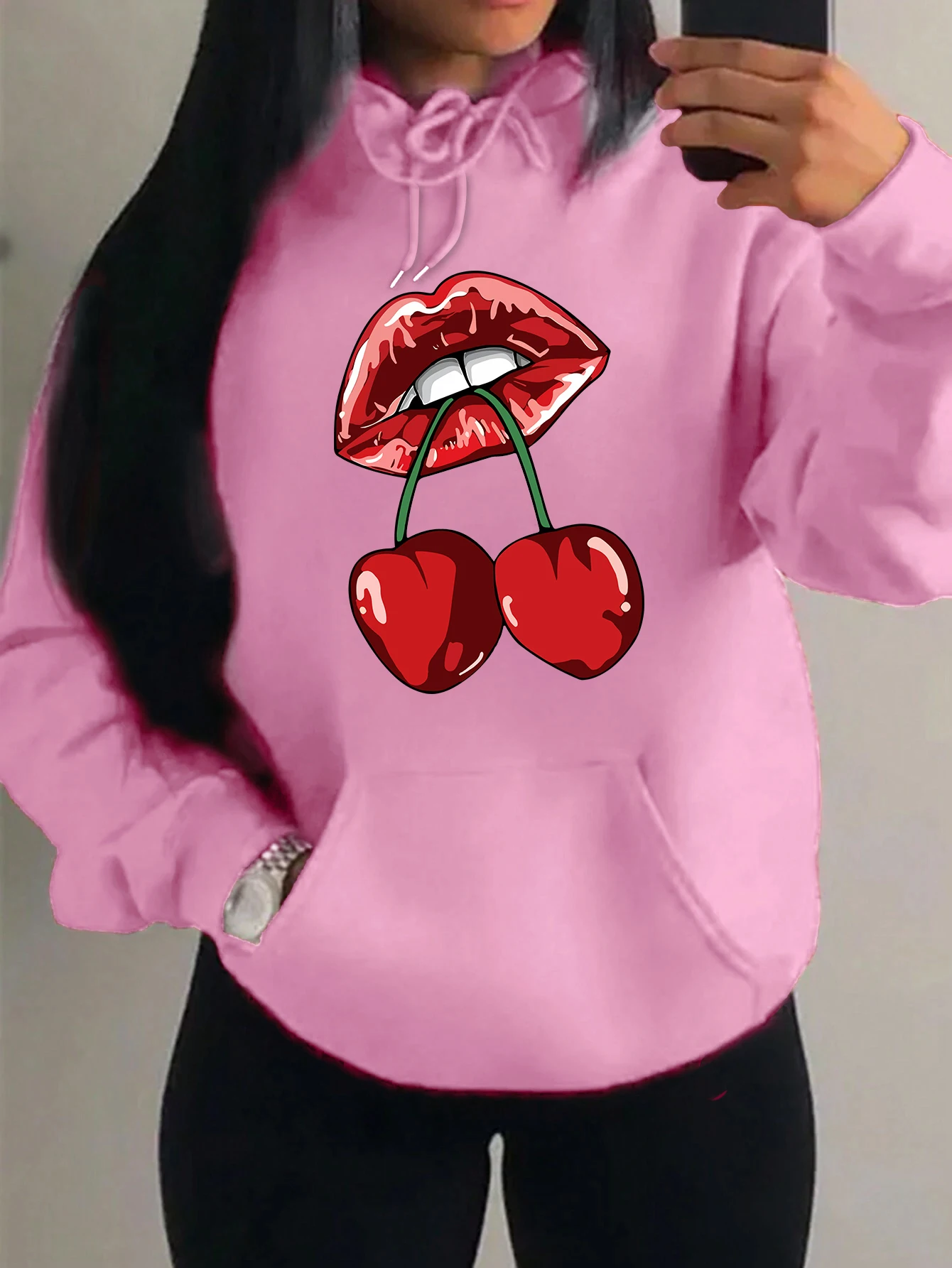 Cherries In The Mouth Design Prints Hoodies Women Hip Hop Fleece Streetwear Fashion Y2K Clothing Pocket Sport Style Pullover