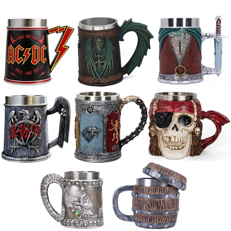 

Norse Mythology Viking Eagle Skull Dragon Beer Mug Resin Stainless Steel Insert Stein Tankard Drinkware Coffee Cups Gift Bar Dec