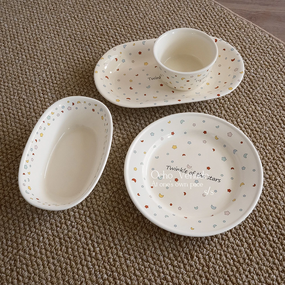 Ceramic Tableware Set Home Kitchen Exquisite Star Moon Print Porcelain Plates with Assorted Shapes Daily Dining Dinnerware Dish
