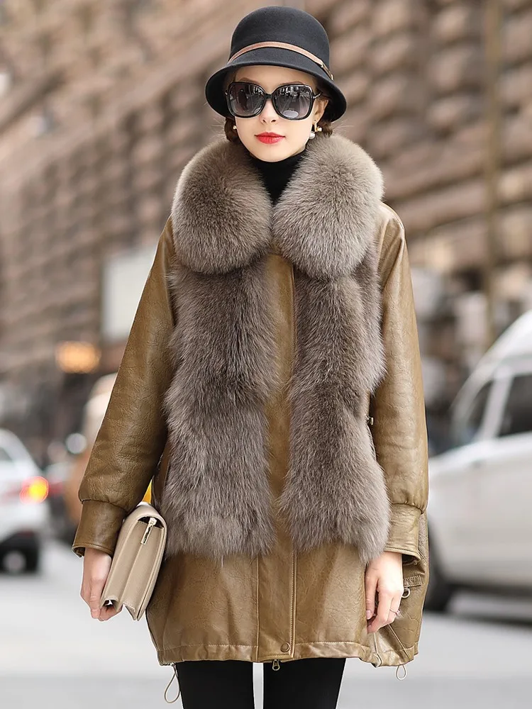 YOLANFAIRY جلد طبيعي أسفل سترة المرأة الثعلب الفراء طوق فضفاض معطف جلد الغنم المرأة سترات من الجلد ملابس السيدات أنيقة