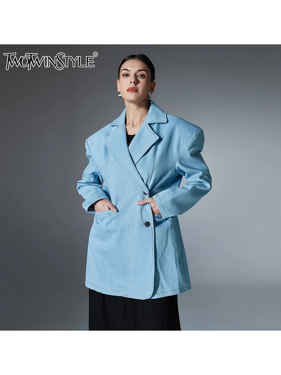 

TWOTWINSTYLE Solid Casual Spliced Pockets Casual Blazer Notched Long Sleeve Spliced Button Minimalist Coat Female Fashion New