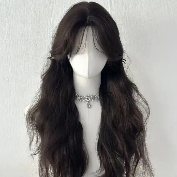 

Темно-коричневые длинные волнистые занавески с челкой и бахромой, кружевные передние парики из синтетических волос для черно-белых женщин, бесклеевое высокотемпературное волокно