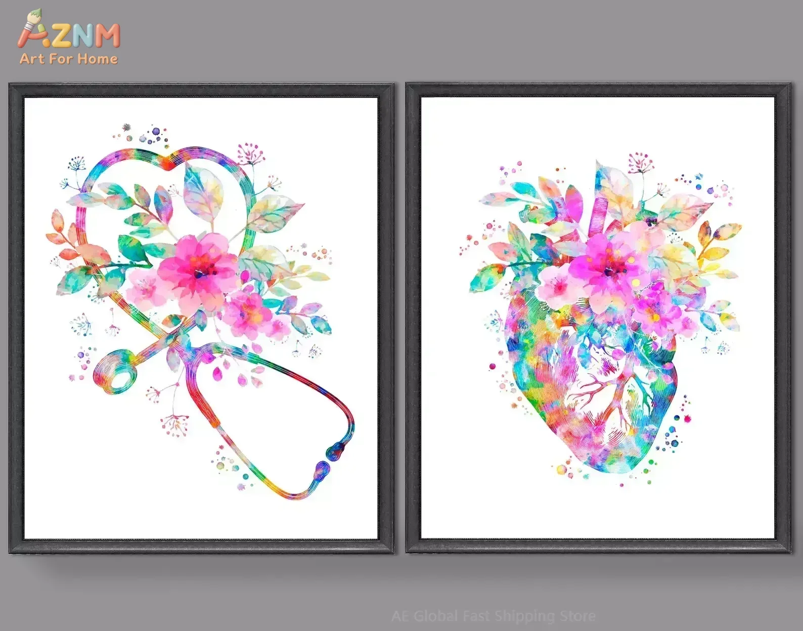 AZNM Watercolor Floral Heart Stethoscope Canvas Wall Art Colorful Anatomy Print Poster Nurse Doctor Office Decor Unframed Painti