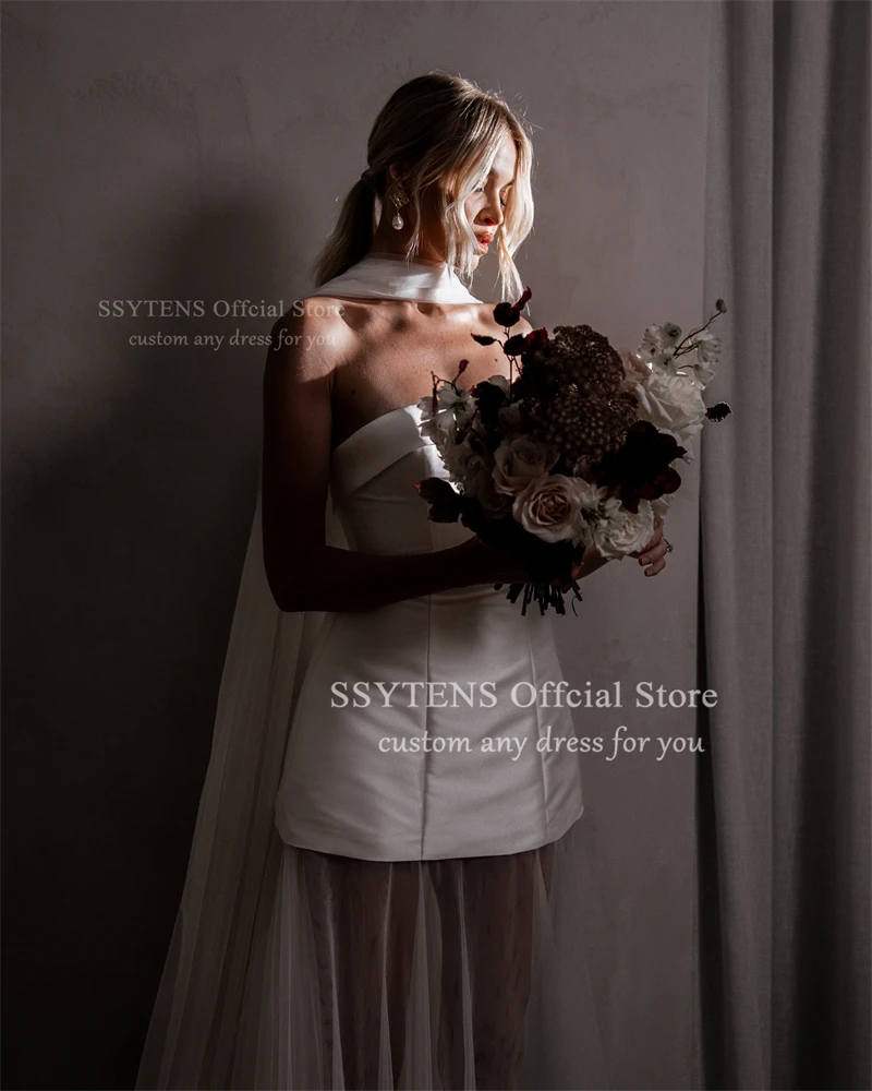 SSYTENS Elfenbein-Satin, kurze Brautkleider, trägerlos, Spitze, A-Linie, formelle Ballkleider, ärmellos, sexy Brautkleid für Damen, individuell gestaltet