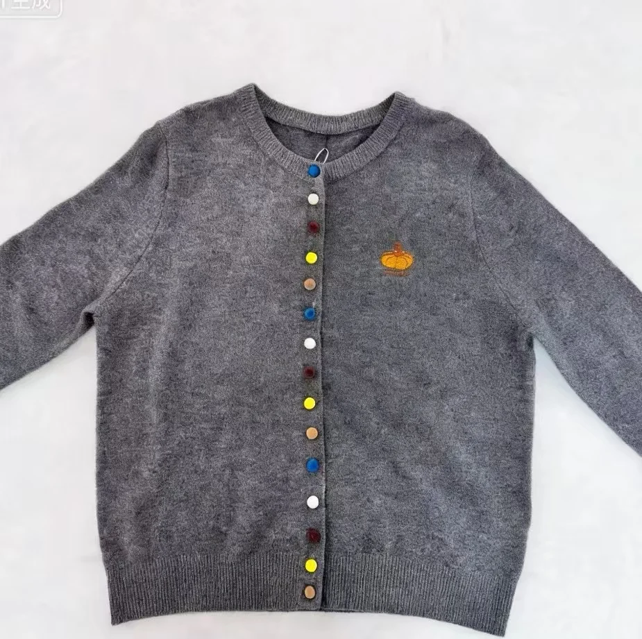 

Grey Pumpkin Embroidered Knitted Open Cardigan with Colorful Buttons Soft Skin-friendly round Neck Sweater Outerwear