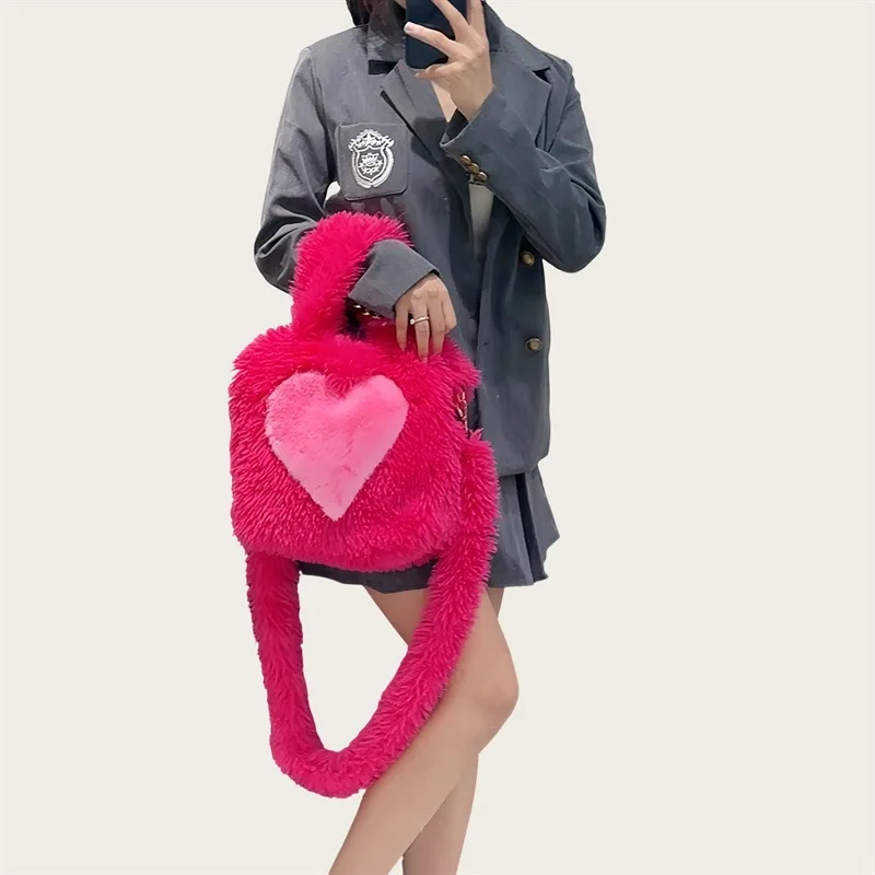 Foreign trade 2026 new hair bag women's heart pattern large capacity plush tote bag Internet celebrity casual shoulder bag