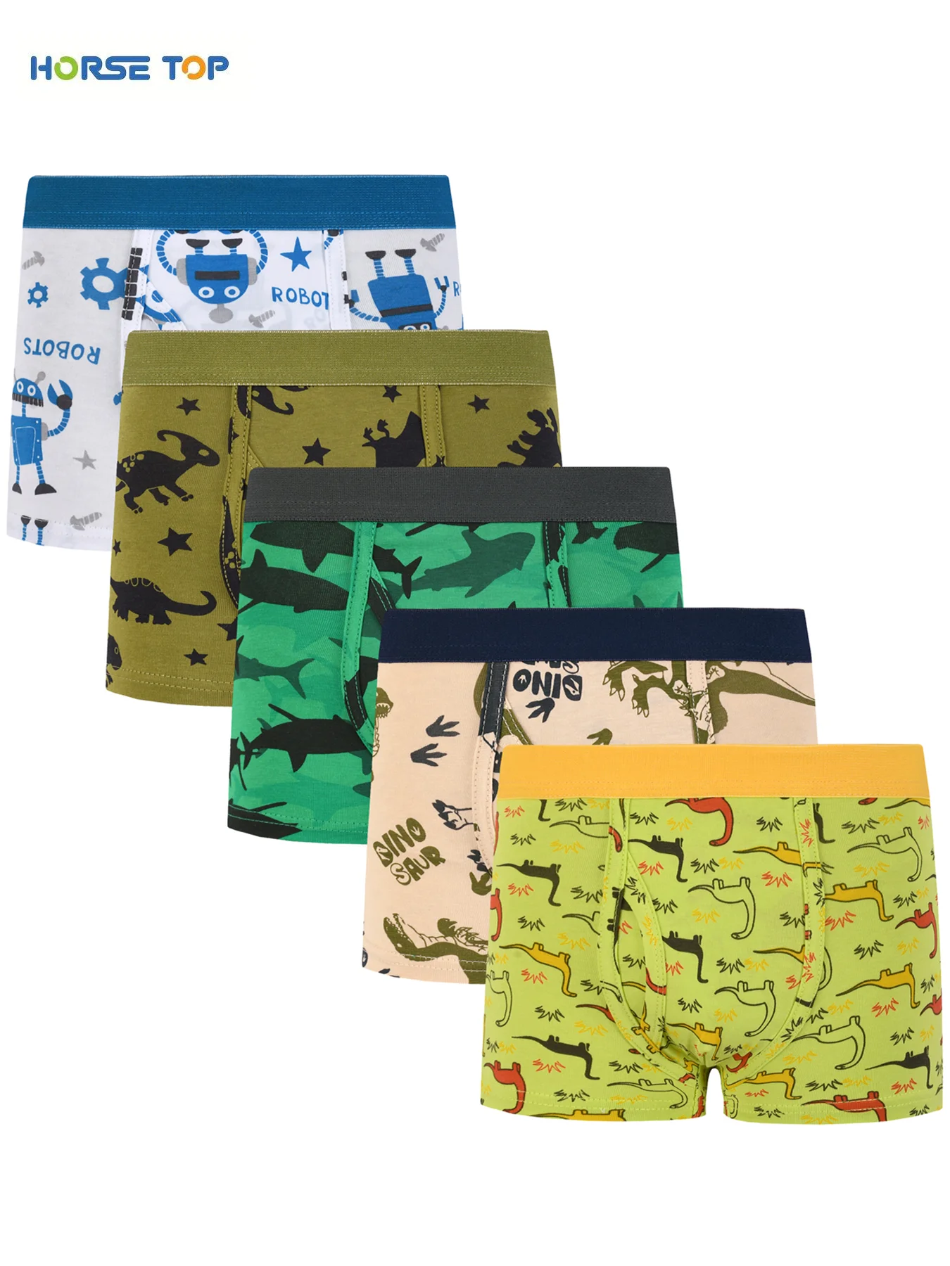 5-teilige hautfreundliche Jungenunterwäsche, Dinosaurier-Roboter-Hai-bedruckte Kinder-Boxershorts, bequeme Kinder-Slips.
